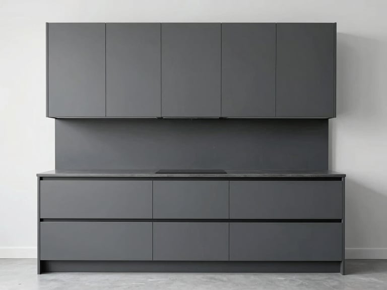 Straight-on architectural elevation of a completed minimalist kitchen with deep slate gray cabinets, showing perfectly uniform surfaces under clean clinical lighting.