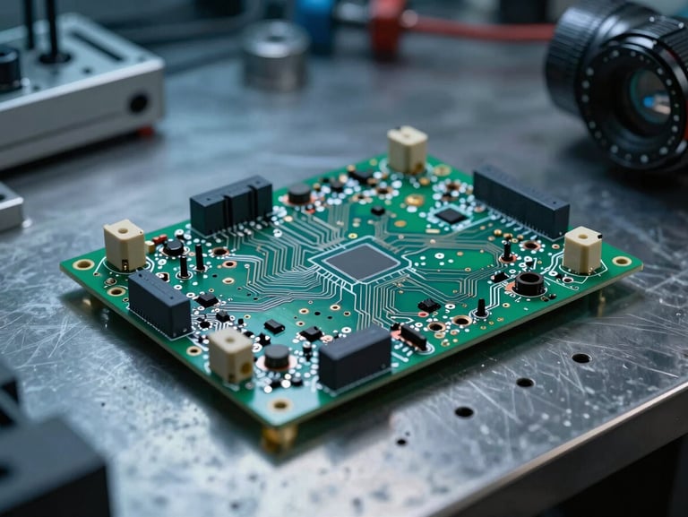 A clean technical blueprint schematic of a circuit board resting on a dark metal workbench, soft blue light, professional engineering studio