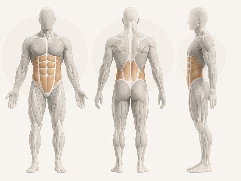 Diagramme anatomique minimaliste du corps humain ciblant les muscles lors d'un gainage.