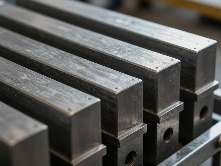 Macro shot of ground spring ends stacked neatly in rows, raw steel gray metallic surfaces, dramatic shadows, high-contrast industrial workshop lighting.
