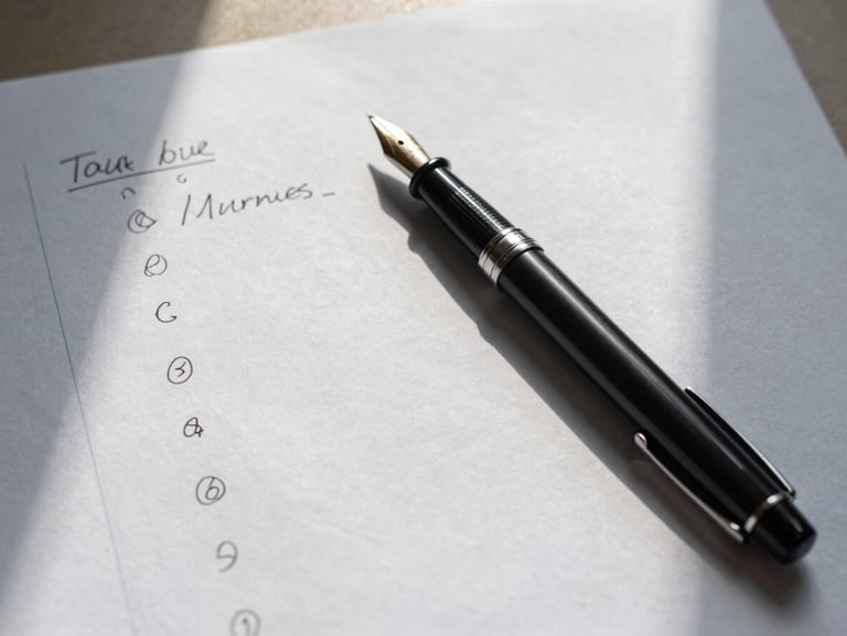Tight overhead shot of a financial document on a pale linen surface — handwritten annotations in the margin, a fountain pen resting diagonally across the page, daylight from a nearby window casting a soft shadow