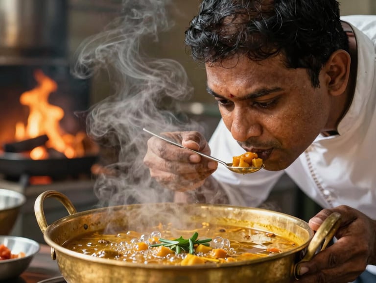 Close-up of Head Chef Mr. A. Vallinayagam tasting and supervising a bubbling brass uruli of traditional sambar, steam rising, warm wood-fire glow in a festive kitchen.