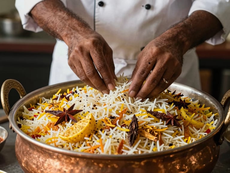 Close-up of Head Chef Mr. A. Manickam layering aromatic basmati rice and spices for a traditional wedding biryani in a giant copper handi, natural lighting.
