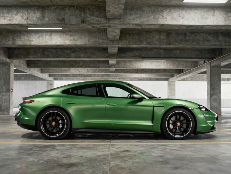 Satin metallic green Taycan parked in a brutalist concrete garage, sharp linear overhead reflections, wide heroic profile.