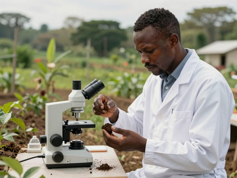 A Cameroonian agronomist in a white lab coat analyzing soil core samples in an active field station, bright natural daylight, lush green vegetation of the Congo Basin in the background, sharp focus on the scientific instrumentation.