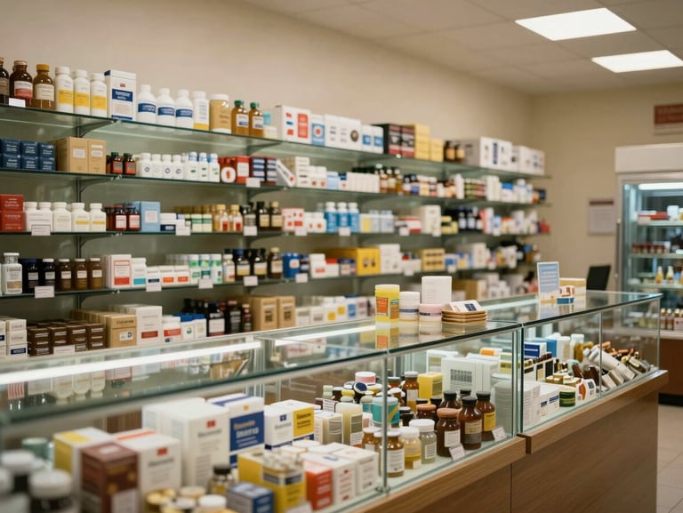 Clean, well-lit retail interior showing organized glass display cases under warm overhead lighting, emphasizing safety and regulatory order, no smoke or active consumption.