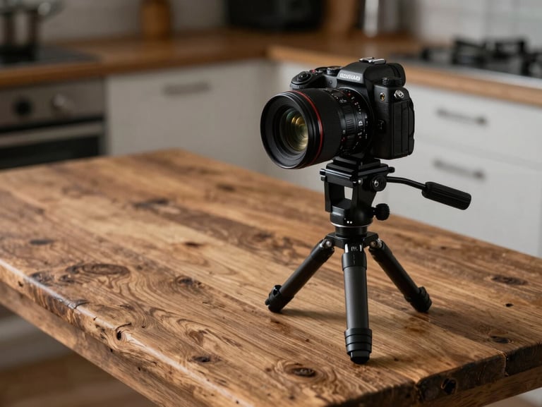 A professional camera on a compact tripod positioned next to a rustic wooden prep table, soft overhead kitchen lighting, moody atmosphere.