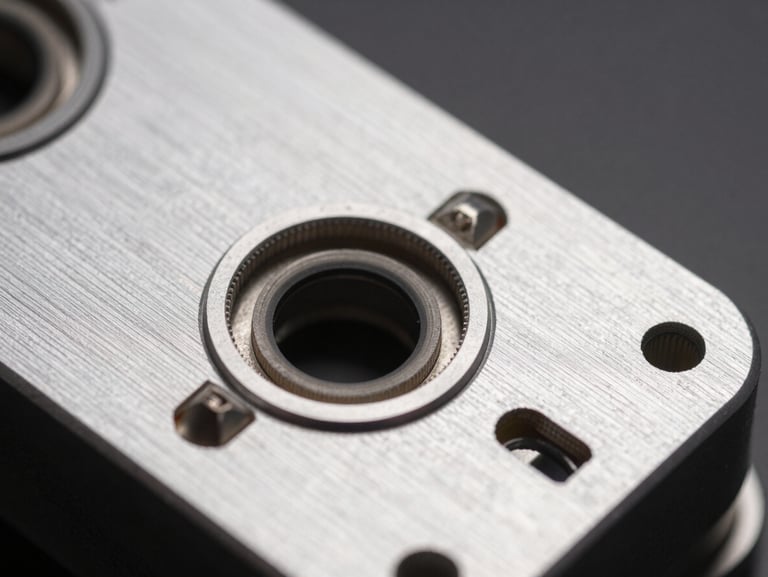 Macro close-up of a physical hardware prototype, brushed aluminum surface, clinical studio lighting with sharp focus.