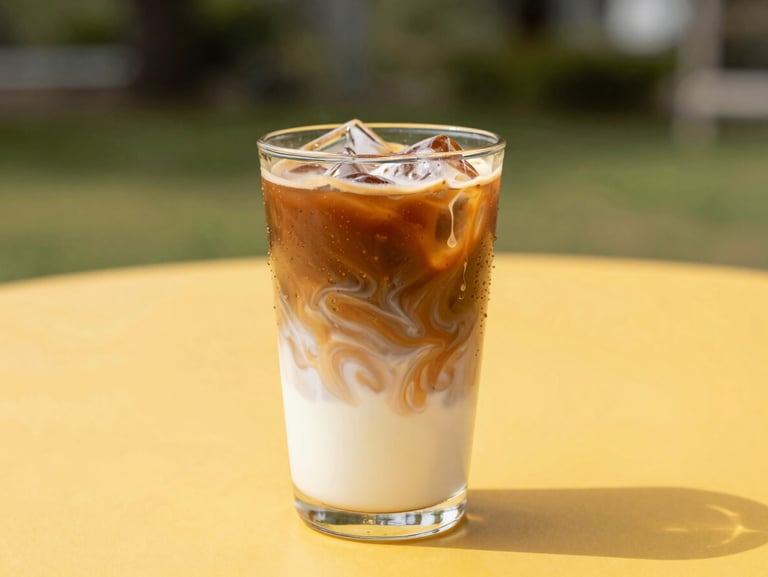 Iced cold brew coffee in a clear glass with swirling milk, condensation dripping down, bright sunny outdoor background