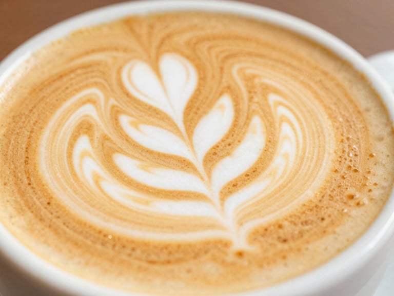 Close-up macro shot of a freshly poured latte with detailed leaf latte art in a ceramic cup, warm morning light, shallow depth of field