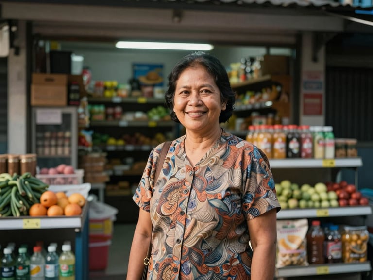 A candid portrait of a smiling Indonesian mother standing proudly in front of her local neighborhood grocery store in Surabaya, warm evening light.