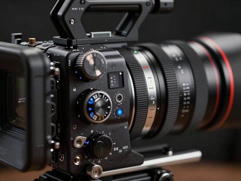 Extreme close-up of professional cinema camera dials and lens rings in a dark studio setting, subtle electric blue highlights.