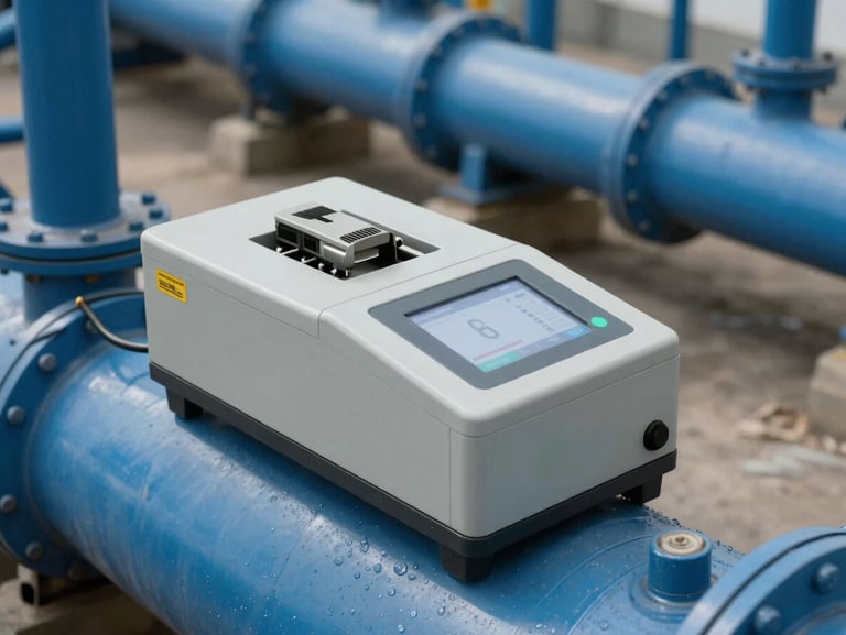Primer plano de un ingeniero calibrando un flujómetro digital en una tubería industrial de acero azulado, luz técnica enfocada.