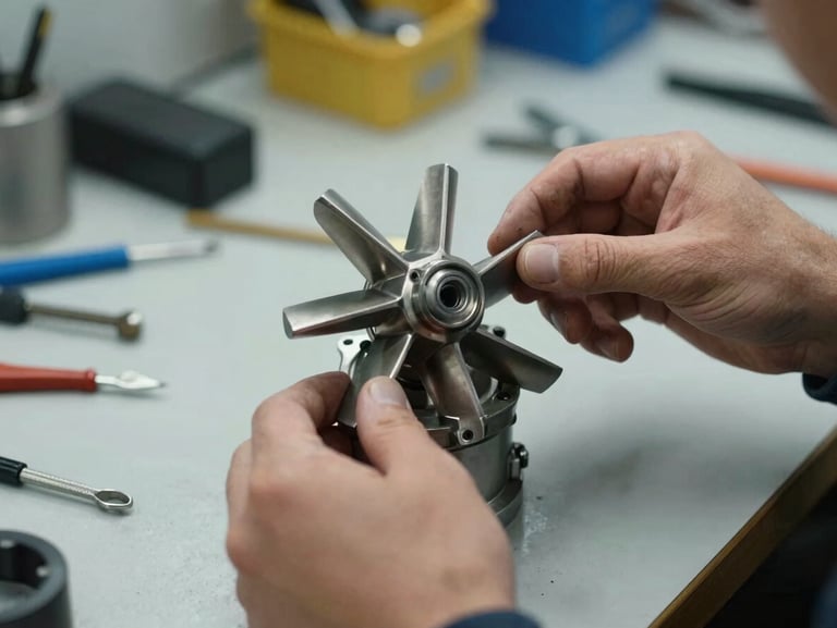 Close-up of a technician's hands inspecting a precision marine mechanical spare part — a steel pump impeller — on a lit workbench, tools arranged beside it, shallow depth of field under focused workshop light