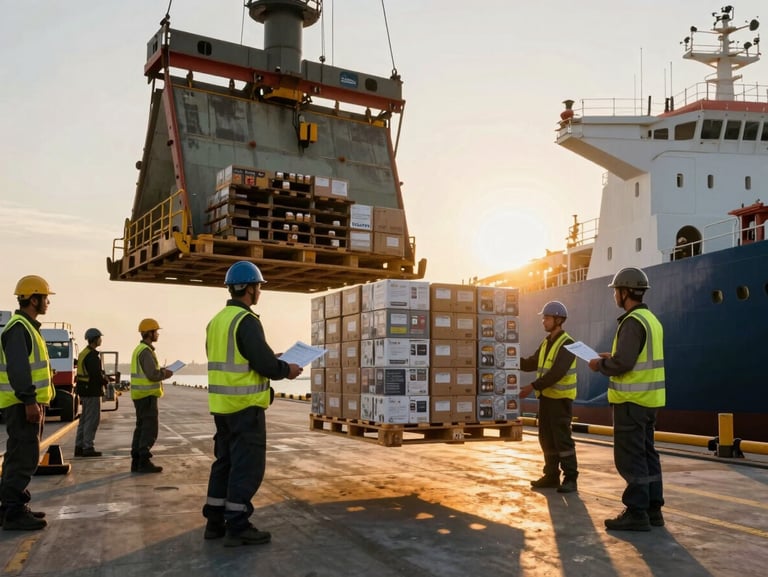 Port-side loading operation at golden hour — a pallet of provisions boxes being transferred to a vessel gangway, dock workers in high-visibility vests checking delivery notes, warm amber light from a low sun casting long shadows across the quay, vessel hull visible in the background