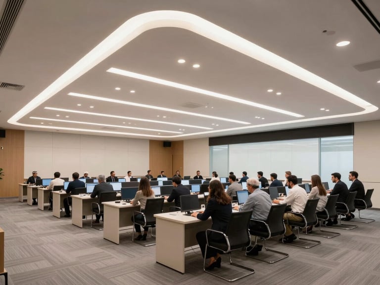 Modern corporate training room in Riyadh with high-end architectural lighting, executive seating, and clean professional atmosphere, wide angle.