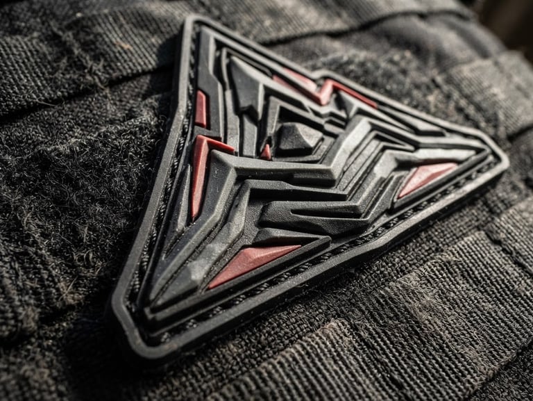 Tactile macro photography of a custom molded PVC patch on a black tactical vest, hard directional side-lighting highlighting the sharp rubber layers and rugged texture, 50mm lens