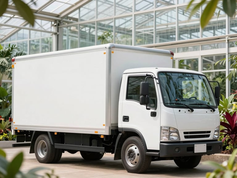 Clean white delivery truck parked outside a modern glass greenhouse, bright morning light