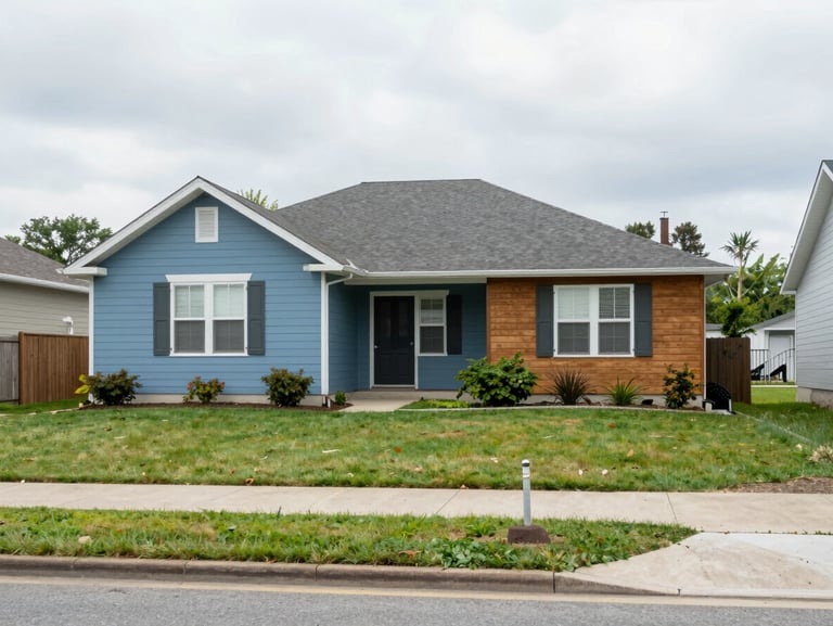A modest suburban house with a green lawn under soft overcast daylight, real estate transaction completed, authentic local streetscape