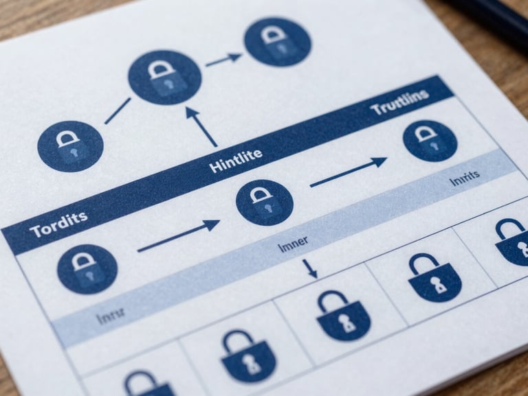 Abstract data-flow diagram showing document inputs translating into structured, clean database tables with secure lock icons, rendered in crisp navy and electric blue tones.