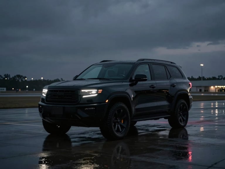 Moody cinematic wide shot of a sleek black armored SUV parked on a wet private airport tarmac at twilight, soft runway lights reflecting on the polished black paint, 35mm