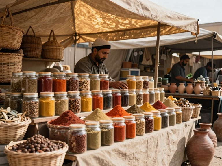 Wide environmental shot of a local market stall at midday, a vendor arranging spice jars, warm golden light filtering through a fabric awning, surrounding textures of woven baskets and earthenware pots visible
