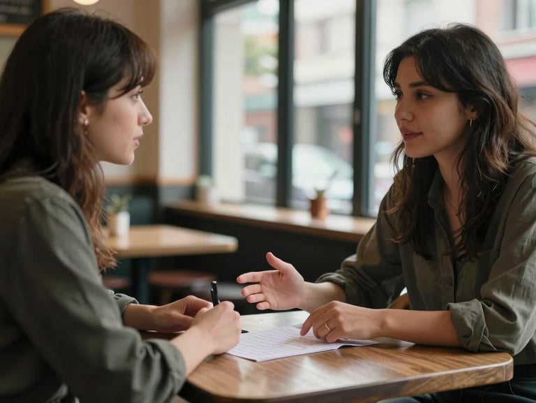 Close-up of two women in conversation at a small neighborhood cafe table, hands gesturing over a handwritten list, warm interior light through a tall window, documentary framing, no posed smiles