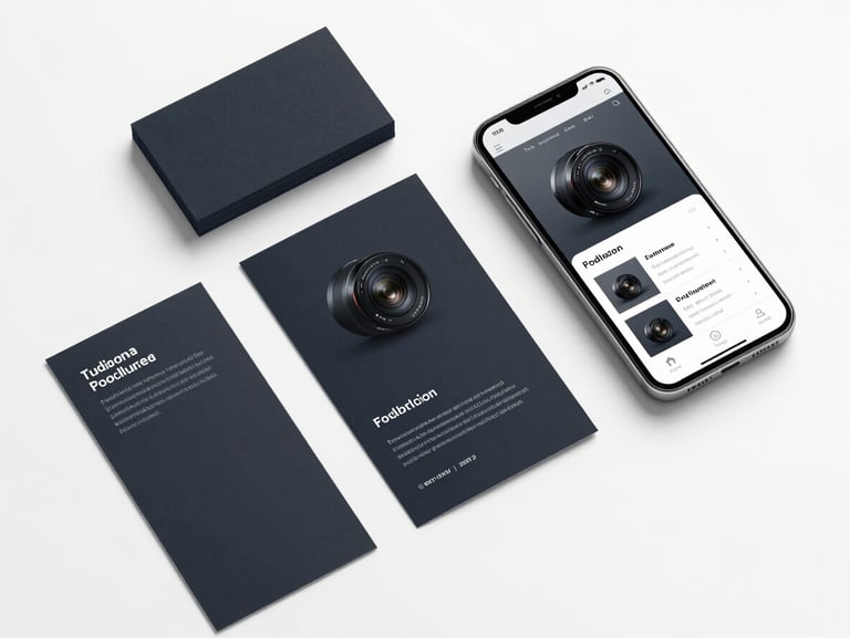 Clean flat-lay arrangement of a business card, a printed brochure panel, and a phone showing a matching website — all in a consistent dark and silver color scheme, studio lighting, white surface, precise overhead framing