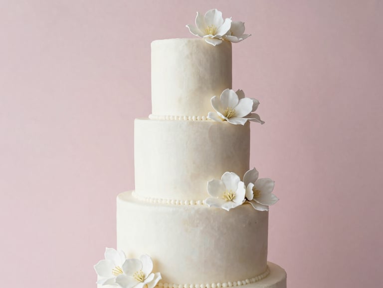 Editorial portrait of a three-tiered minimalist wedding cake with delicate white sugar flowers, soft pastel pink background, professional food styling, 85mm lens