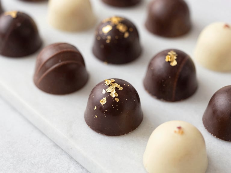 Macro shot of artisanal chocolate truffles and gourmet bombons with gold leaf detailing, arranged on a clean marble slab, soft lighting, editorial style