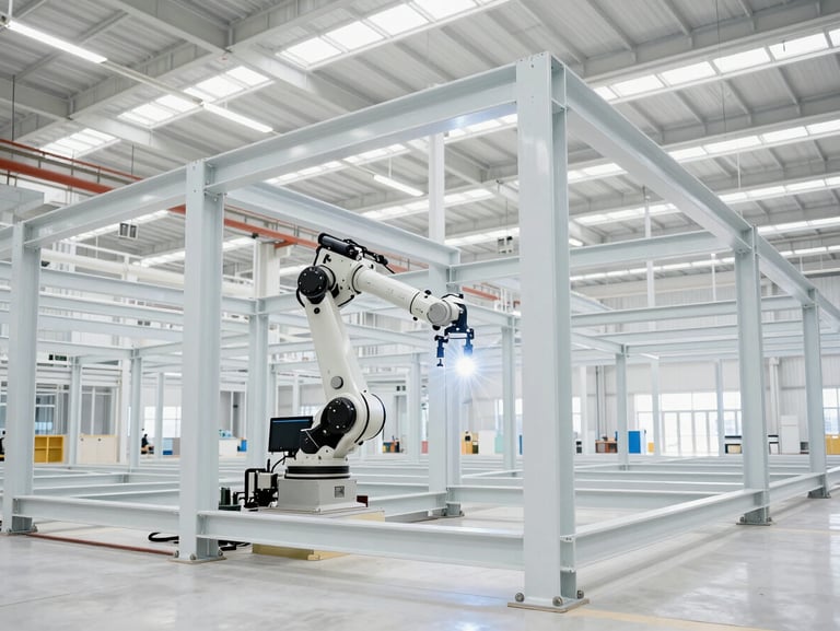 A robotic arm welding structural steel frames inside a brightly lit, clean Katerra manufacturing facility.