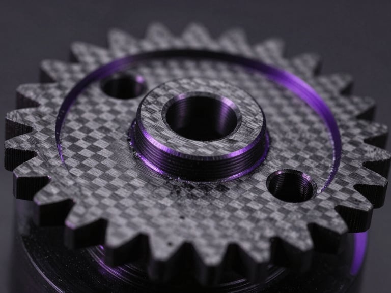Macro photography of a mechanical carbon-fiber 3D printed gear, showing flawless layer lines, dramatic violet rim lighting, dark background