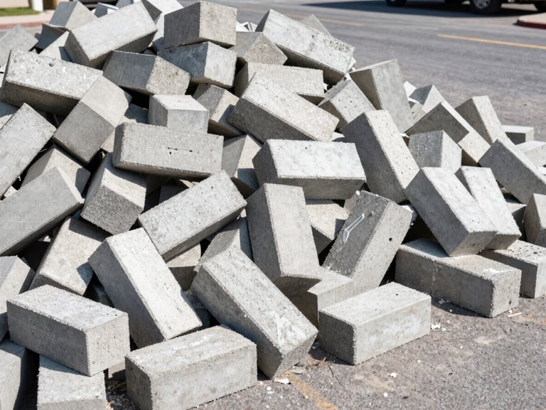 Sharp focus shot of a massive pile of concrete blocks and drywall blocking an asphalt commercial driveway, bright daylight.