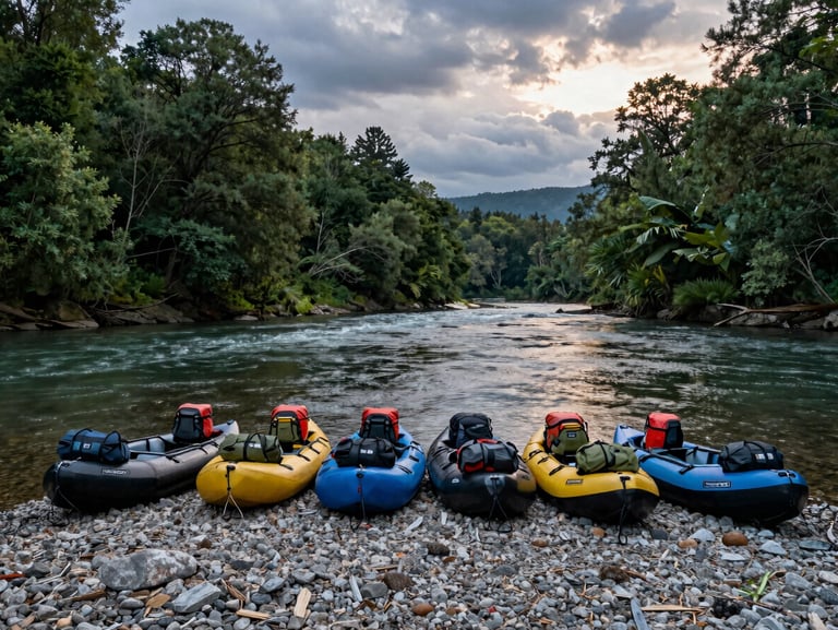 Wide environmental shot of a remote river valley at dusk, a packraft and dry bags arranged on a gravel bar in the foreground, forest-green treeline receding into low cloud, no people, gear laid out in operational order