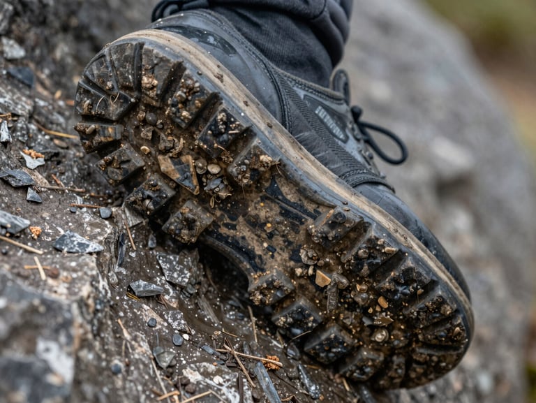 Extreme close-up of worn boot sole gripping wet schist rock, lug pattern caked with mud and debris, harsh side light revealing texture and wear, no person visible above the ankle