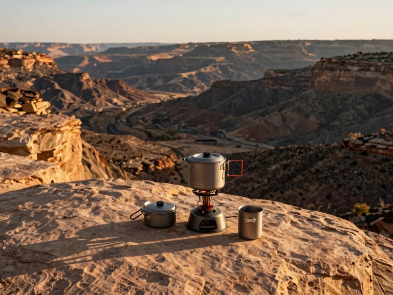 Wide shot of a fire-scarred canyon at golden hour, a camp stove and titanium cookset on a flat sandstone ledge in the foreground, long shadows cast across dry earth, no people, gear showing field use