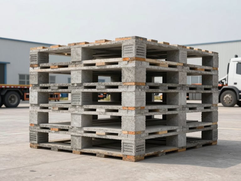 Low-angle heroic shot of neatly stacked concrete block pallets in an open industrial yard, flatbed delivery truck in the background, bright overcast daylight, 35mm