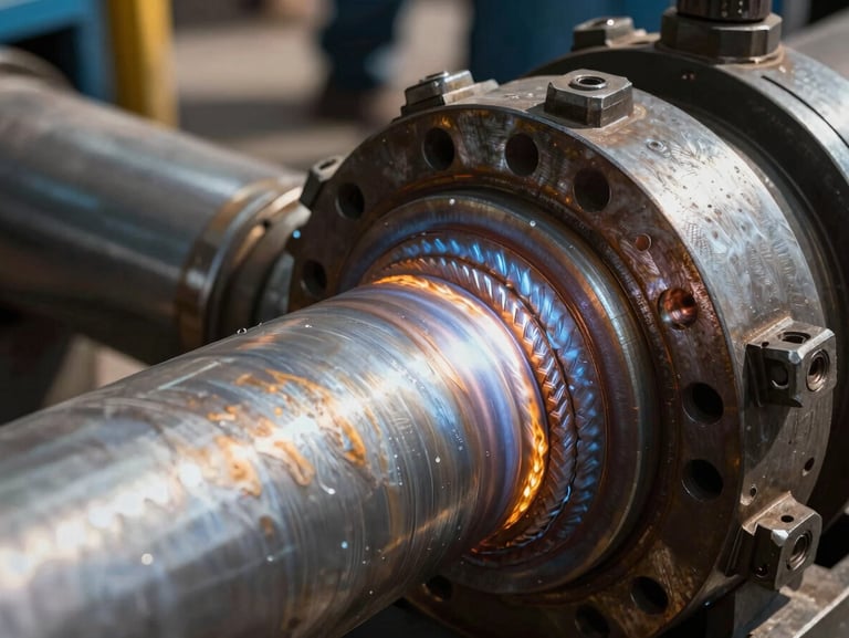 Extreme close-up of heavy machinery welds on industrial steel piping, high-contrast daylight, metallic textures.