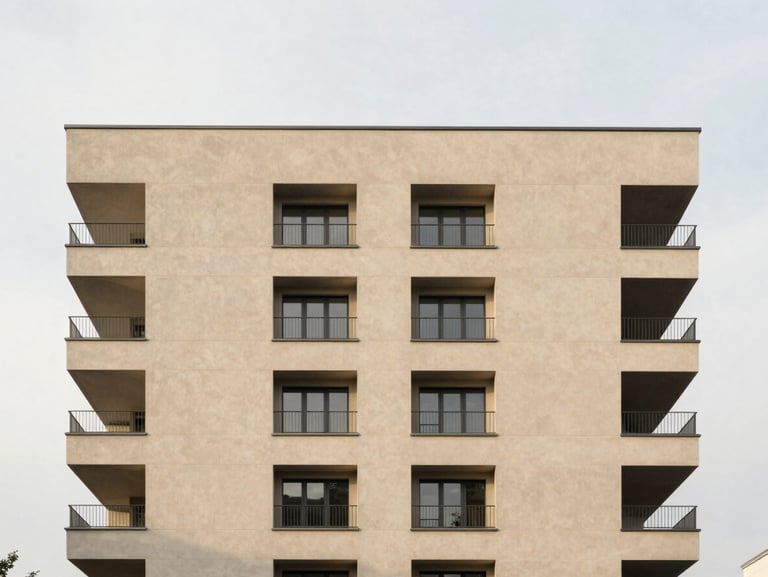 Minimalist high-rise residential facade in Berlin, clean linear concrete lines, soft overcast daylight, architectural photography