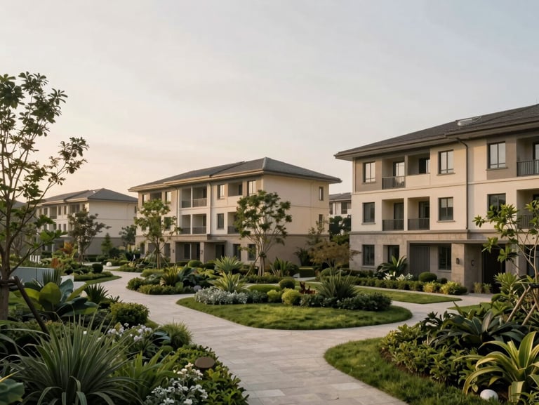 Low-emission suburban residential cluster integrated with lush green landscaping and pathways, soft diffused daylight