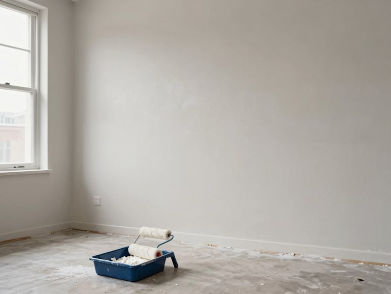 Freshly painted office wall in a clean neutral tone, roller and paint tray resting on the floor in the foreground, bright daylight from a window to the left, sharp documentary framing showing the finished surface texture