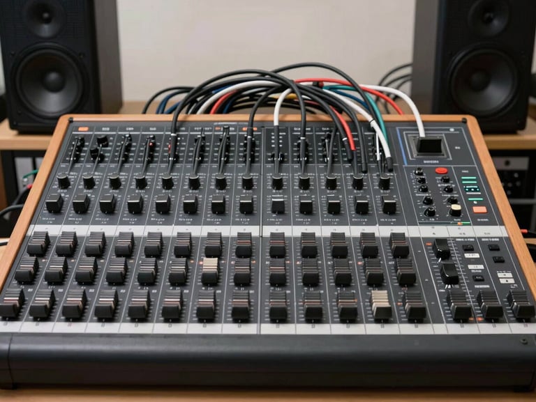 Close-up overhead view of professional audio mixer and cables laid out on a table, compact subwoofer and amplifier rack visible in the background, bright neutral studio lighting, straight-on documentary framing, no people