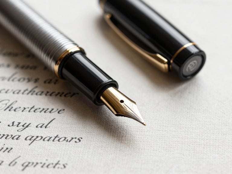 Macro close-up of a fountain pen resting on structured linen paper with elegant typography, soft natural side-light.