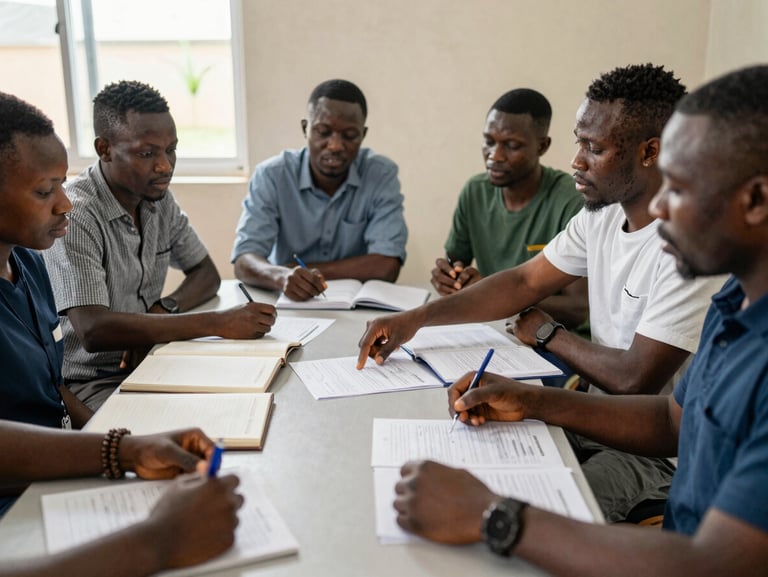 Medium shot of a small group of teachers seated around a table during a professional training workshop in Ghana, hands resting on printed curriculum materials and open notebooks, one facilitator pointing to a shared document, natural daylight from a window on the left, engaged and focused expressions, no staging