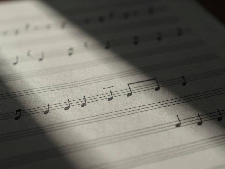 Macro close-up of manuscript paper with handwritten musical notes under soft natural window light, deep shadows, desaturated monochrome tones.
