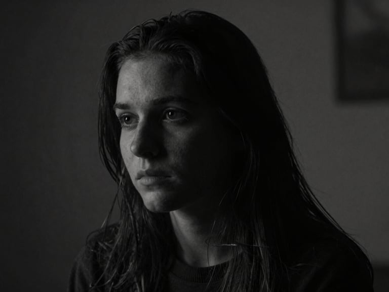 Moody cinematic still from an independent film, high-contrast chiaroscuro lighting, deep shadows, desaturated monochrome tones, shallow depth of field.