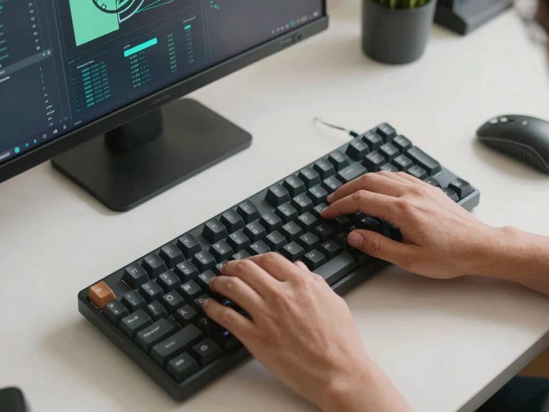 Top-down view of a tidy workspace, hands typing on a mechanical keyboard, subtle green and blue accents from modern software interfaces on a screen, soft diffused daylight