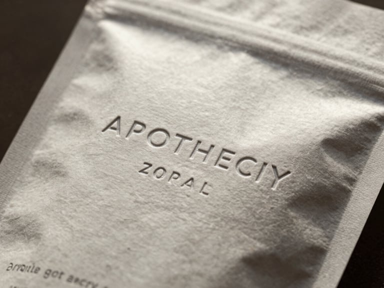 A close-up of custom debossed retail packaging for a boutique apothecary, showing tactile paper grain under directional window light.