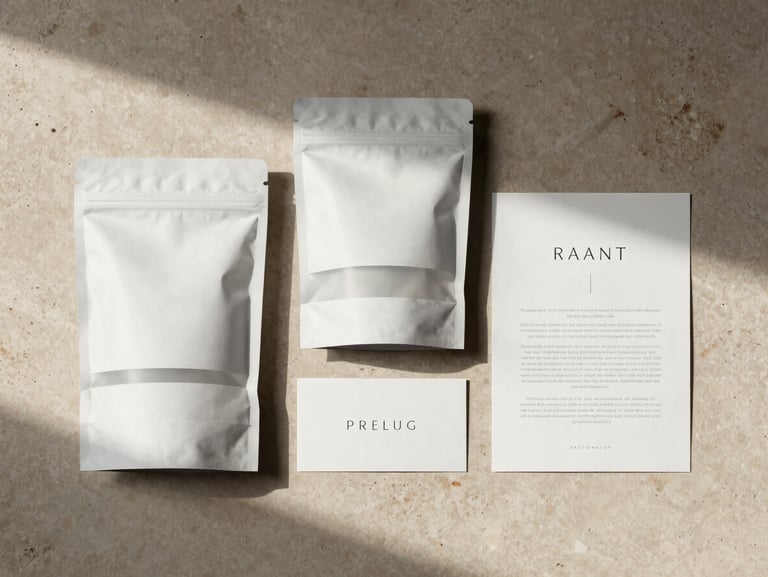 Overhead flat-lay of minimalist retail packaging and printed collateral on a warm taupe stone surface, natural side-lighting casting gentle shadows.