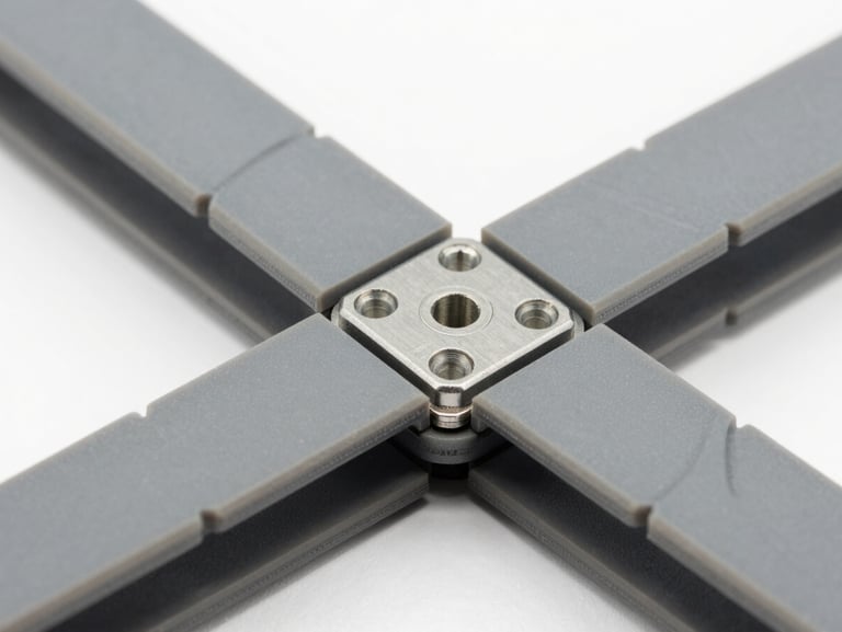 Macro studio shot of modular plastic interlocking belt links, mechanical joint detail, sharp focus, cool slate gray tones